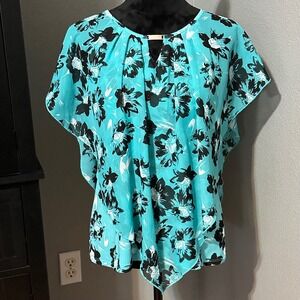 Notations Blouse Medium Teal Floral Asymmetrical Boho Coastal Resort Artsy